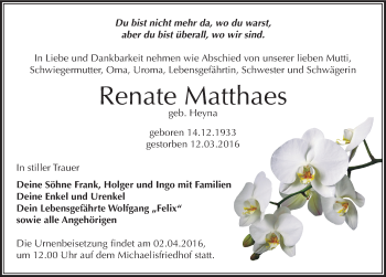 Traueranzeige von Renate Matthaes von Mitteldeutsche Zeitung Zeitz