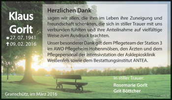 Traueranzeige von Klaus Gorlt von WVG - Wochenspiegel NMB / WSF / ZTZ
