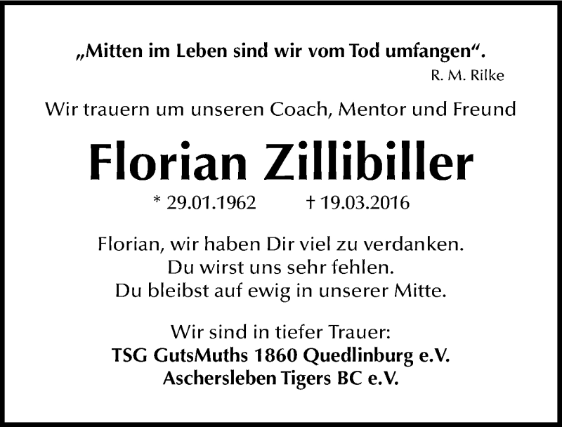  Traueranzeige für Florian Zillibiller vom 30.03.2016 aus Mitteldeutsche Zeitung Quedlinburg
