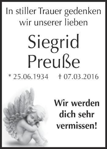 Traueranzeige von Siegrid Preuße von WVG - Wochenspiegel Dessau / Köthen