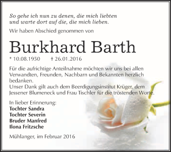 Traueranzeige von Burkhard Barth von WVG - Wochenspiegel Wittenberg