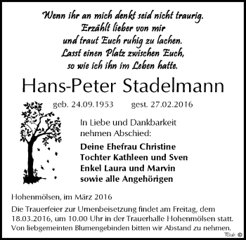Traueranzeige von Hans-Peter Stadelmann von Mitteldeutsche Zeitung Weißenfels