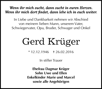 Traueranzeige von Gerd Krüger von Mitteldeutsche Zeitung Dessau-Roßlau