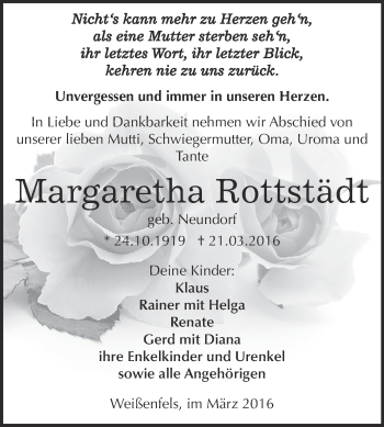 Traueranzeige von Margaretha Rottstädt von WVG - Wochenspiegel NMB / WSF / ZTZ