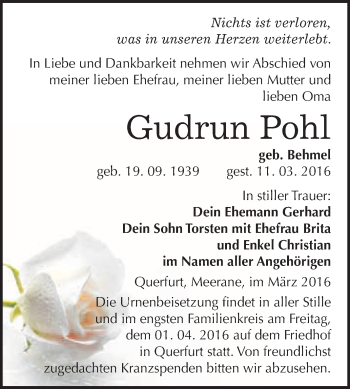 Traueranzeige von Gudrun Pohl von WVG - Wochenspiegel Merseburg