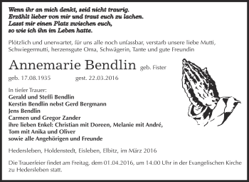 Traueranzeige von Annemarie Bendlin von WVG - Wochenspiegel SGH