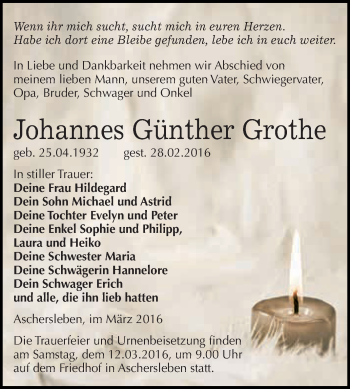 Traueranzeige von Johannes Günther Grothe von Super Sonntag Aschersleben