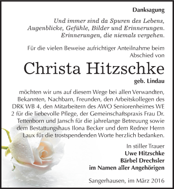 Traueranzeige von Christa Hitzschke von Mitteldeutsche Zeitung Sangerhausen