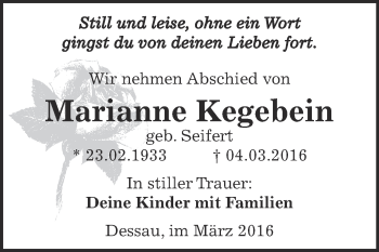 Traueranzeige von Marianne Kegebein von WVG - Wochenspiegel Dessau / Köthen