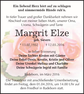 Traueranzeige von Margrit Elze von WVG - Wochenspiegel Quedlinburg