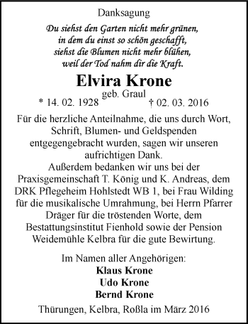 Traueranzeige von Elvira Krone von Mitteldeutsche Zeitung Sangerhausen