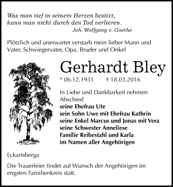 Traueranzeige von Gerhardt Bley von Mitteldeutsche Zeitung Naumburg/Nebra