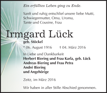 Traueranzeige von Irmgard Lück von Mitteldeutsche Zeitung Zeitz