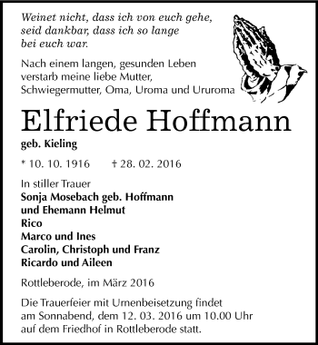 Traueranzeige von Elfriede Hoffmann von Mitteldeutsche Zeitung Sangerhausen