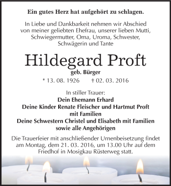 Traueranzeige von Hildegard Proft von Mitteldeutsche Zeitung Dessau-Roßlau