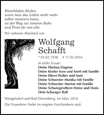 Traueranzeige von Wolfgang Schafft von Super Sonntag Merseburg