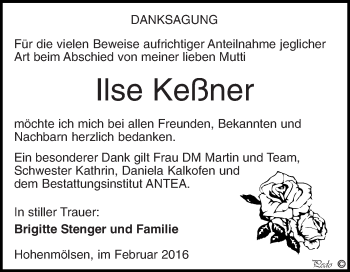 Traueranzeige von Ilse Keßner von WVG - Wochenspiegel NMB / WSF / ZTZ