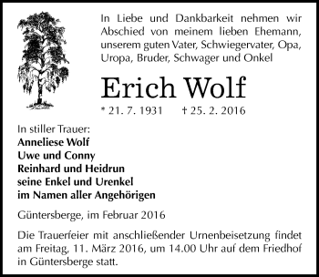 Traueranzeige von Erich Wolf von Mitteldeutsche Zeitung Quedlinburg