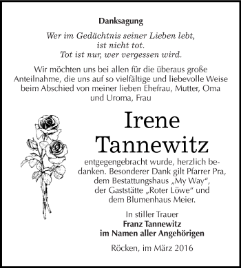 Traueranzeige von Irene Tannewitz von WVG - Wochenspiegel NMB / WSF / ZTZ