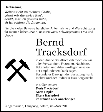 Traueranzeige von Bernd Tracksdorf von Mitteldeutsche Zeitung Sangerhausen