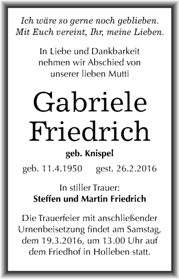 Traueranzeige von Gabriele Friedrich von Mitteldeutsche Zeitung Halle/Saalkreis