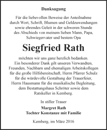 Traueranzeige von Siegfried Rath von Super Sonntag Wittenberg