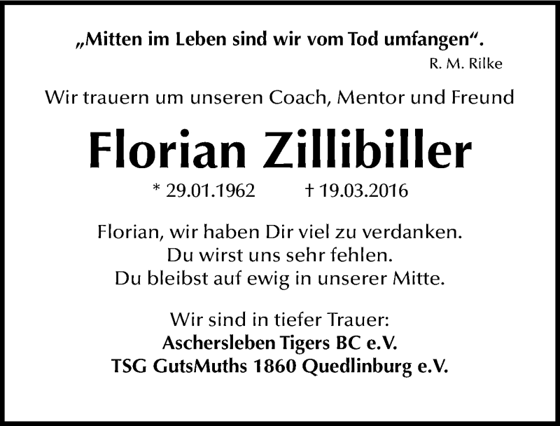  Traueranzeige für Florian Zillibiller vom 30.03.2016 aus Mitteldeutsche Zeitung Aschersleben