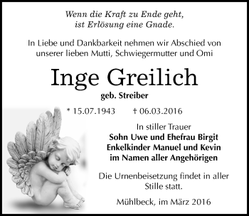 Traueranzeige von Inge Greilich von Mitteldeutsche Zeitung Bitterfeld