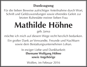 Traueranzeige von Mathilde Höhne von WVG - Wochenspiegel Bitterfeld