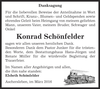 Traueranzeige von Konrad Schönfelder von Super Sonntag Aschersleben