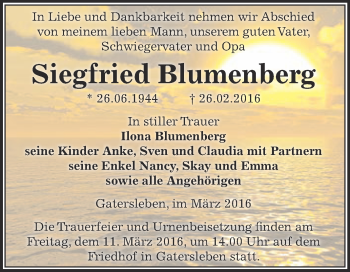 Traueranzeige von Siegfried Blumenberg von Super Sonntag Aschersleben