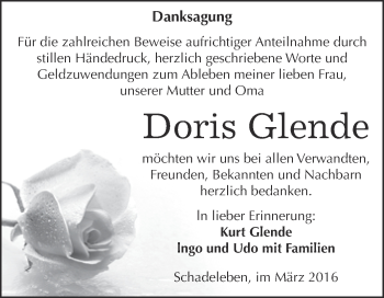 Traueranzeige von Doris Glende von Super Sonntag Aschersleben