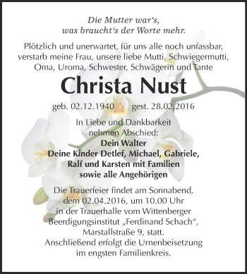 Traueranzeige von Christa Nust von WVG - Wochenspiegel Wittenberg