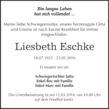 Traueranzeige von Liesbeth Eschke von WVG - Wochenspiegel Dessau / Köthen