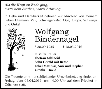 Traueranzeige von Wolfgang Bindernagel von Mitteldeutsche Zeitung Bernburg