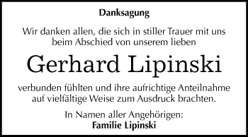 Traueranzeige von Gerhard Lipinski von WVG - Wochenspiegel Quedlinburg