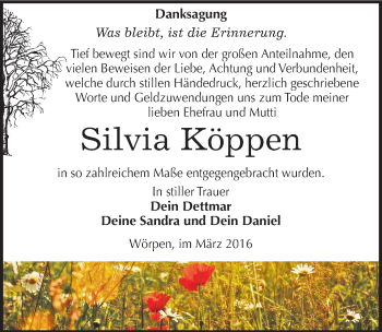 Traueranzeige von Silvia Köppen von Mitteldeutsche Zeitung Wittenberg