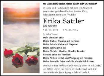 Traueranzeige von Erika Sattler von WVG - Wochenspiegel Dessau / Köthen