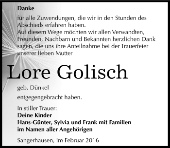 Traueranzeige von Lore Golisch von Mitteldeutsche Zeitung Sangerhausen