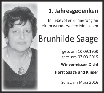 Traueranzeige von Brunhilde Saage von Super Sonntag Wittenberg