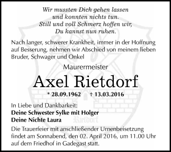 Traueranzeige von Axel Rietdorf von WVG - Wochenspiegel Wittenberg