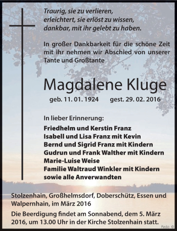Traueranzeige von Magdalene Kluge von Mitteldeutsche Zeitung Zeitz