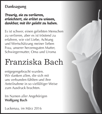Traueranzeige von Franziska Bach von Super Sonntag Zeitz