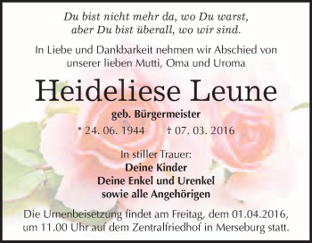 Traueranzeige von Heideliese Leune von WVG - Wochenspiegel Merseburg