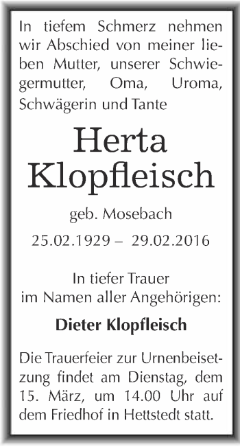 Traueranzeige von Herta Klopfleisch von Wochenspiegel Mansfelder Land