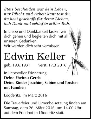 Traueranzeige von Edwin Keller von Mitteldeutsche Zeitung Köthen
