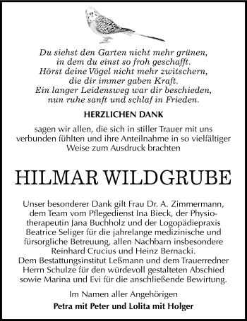Traueranzeige von Hilmar Wildgrube von Mitteldeutsche Zeitung Wittenberg