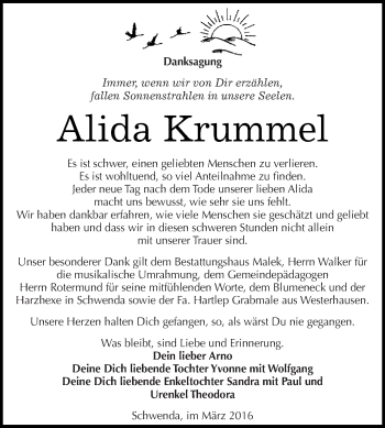 Traueranzeige von Alida Krummel von Super Sonntag SGH Mansf. Land