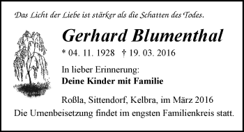Traueranzeige von Gerhard Blumenthal von Mitteldeutsche Zeitung Sangerhausen