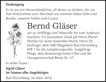 Traueranzeige von Bernd Gläser von Super Sonntag Merseburg